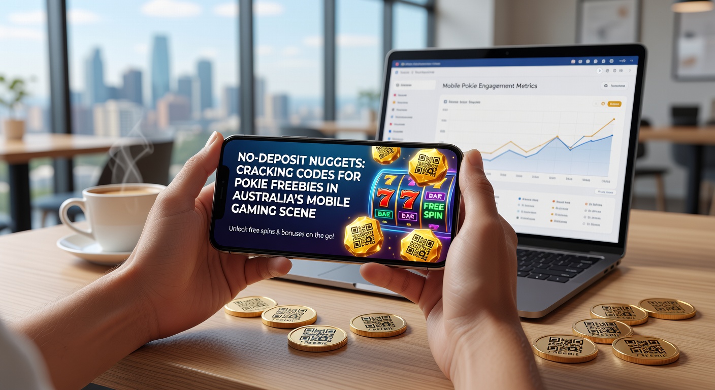 Nahaufnahme eines Tablets mit einem No-Deposit-Pokie-Bonus-Fenster, das Codes und Freispiele anzeigt, umgeben von australischen Gaming-Symbolen